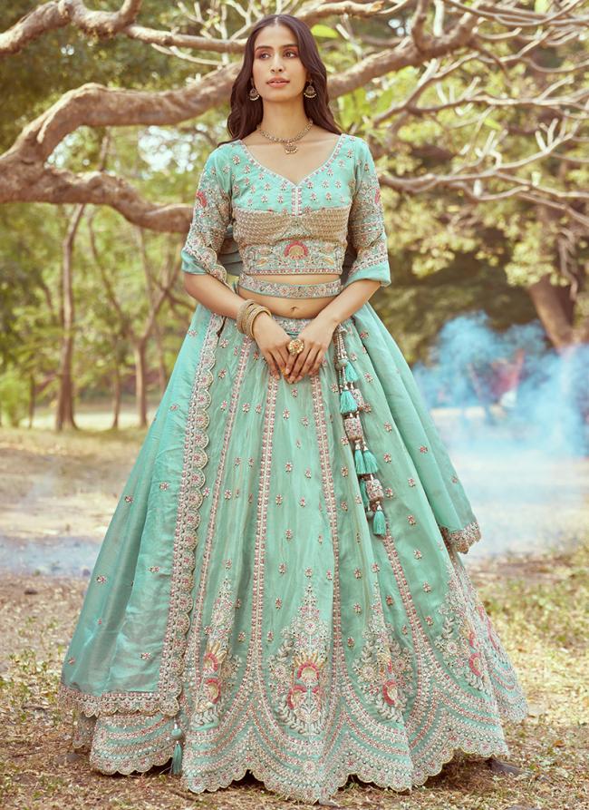 Tissue Sea Green Bridal Wear Stone Beads Work Lehenga Choli